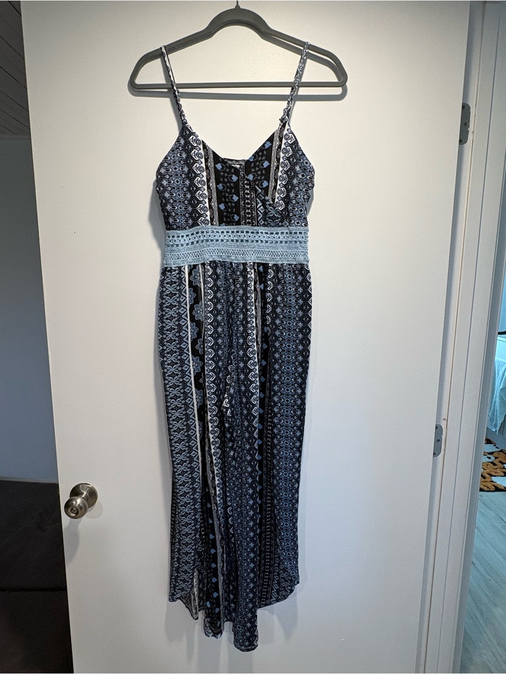 No Boundaries Navy and Light Blue Patterned Jumpsuit